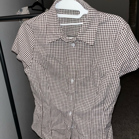 Tops - Brown and White Checkered Short Sleeve Shirt